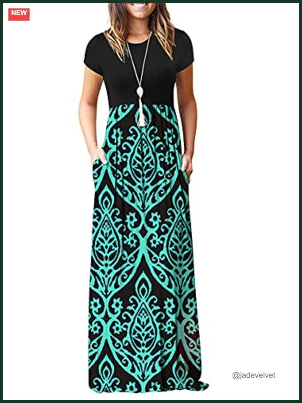 Women's Short Sleeve Maxi Dress with Pockets Empire Elastic Waist Flowey Casual